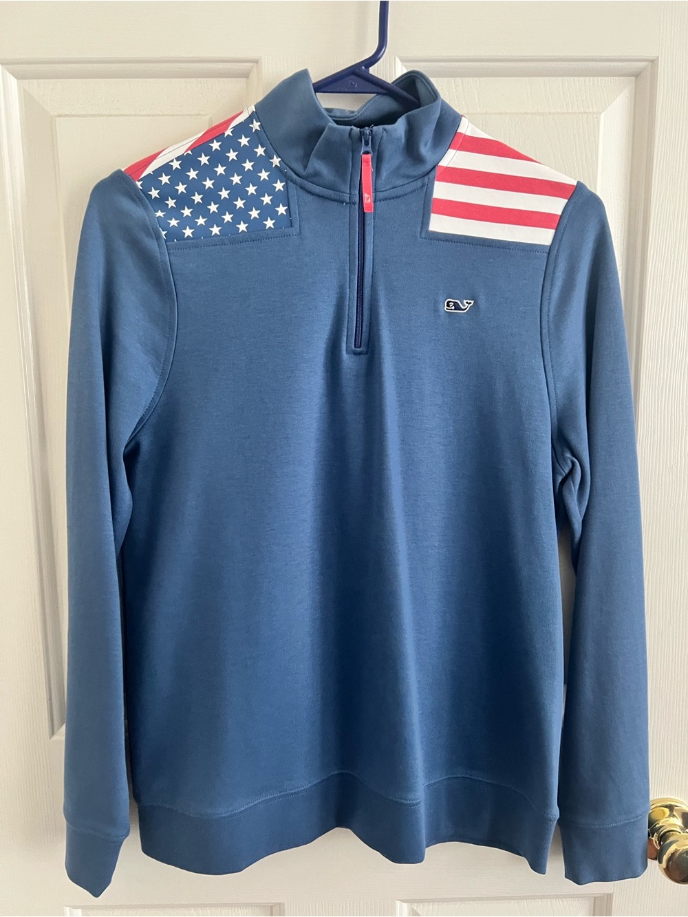 Vineyard Vines Blue Quarter-Zip Pullover with American Flag Shoulders